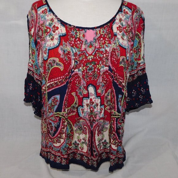 Bila Womens XL Rayon Cold Shoulder multicolour Short Sleeve Peasant Top Blouse - Picture 4 of 12